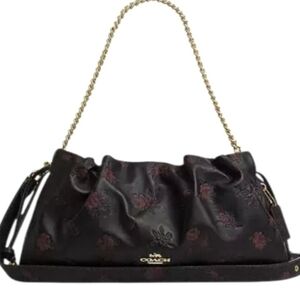 COACH Black Floral Shoulder Bag with Gold Chain